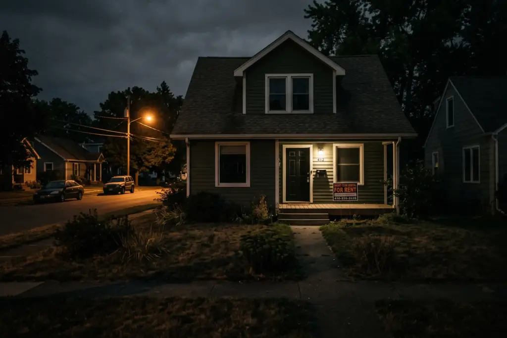 Empty suburban short-term rental home at night, representing STR party house safety incidents and regulatory crackdown in 2026