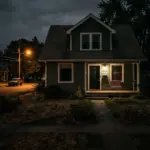 Empty suburban short-term rental home at night, representing STR party house safety incidents and regulatory crackdown in 2026