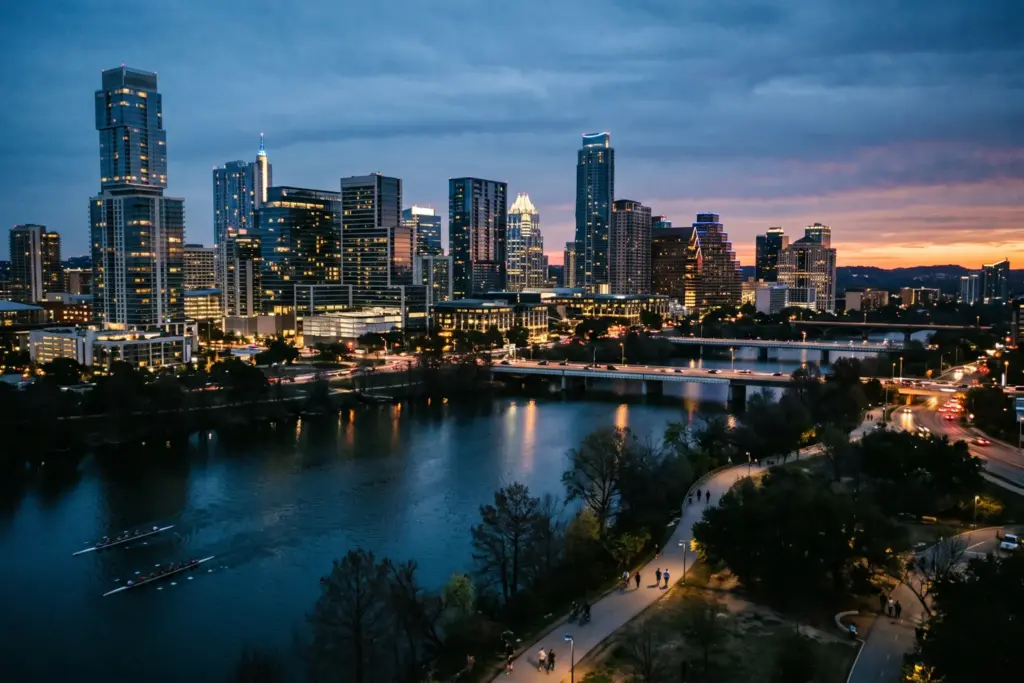 Austin Texas downtown skyline at dusk reflecting STR license display enforcement mandate