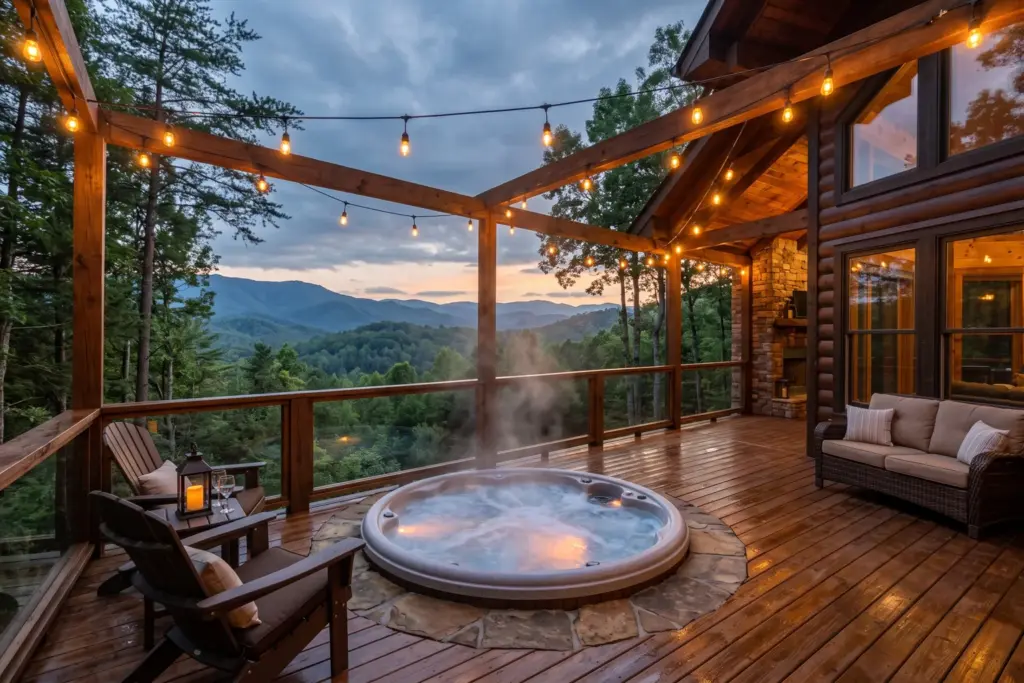 Luxury cabin deck with steaming hot tub in the Smoky Mountains, showing high-ROI STR amenity