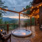 Luxury cabin deck with steaming hot tub in the Smoky Mountains, showing high-ROI STR amenity