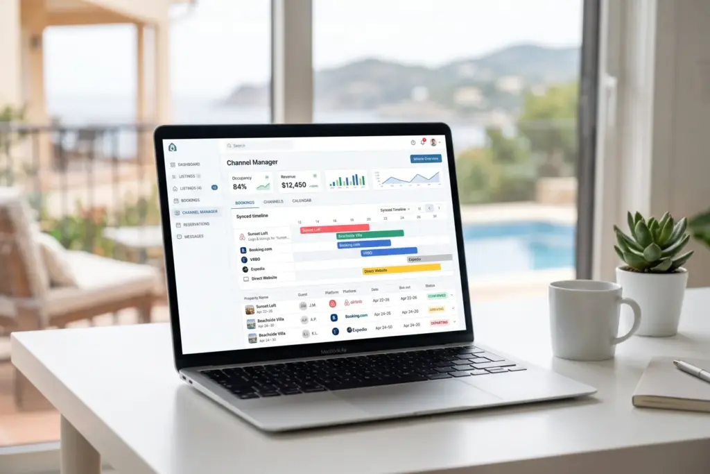 Channel manager software dashboard showing multi-platform sync for short-term rental hosts in 2026