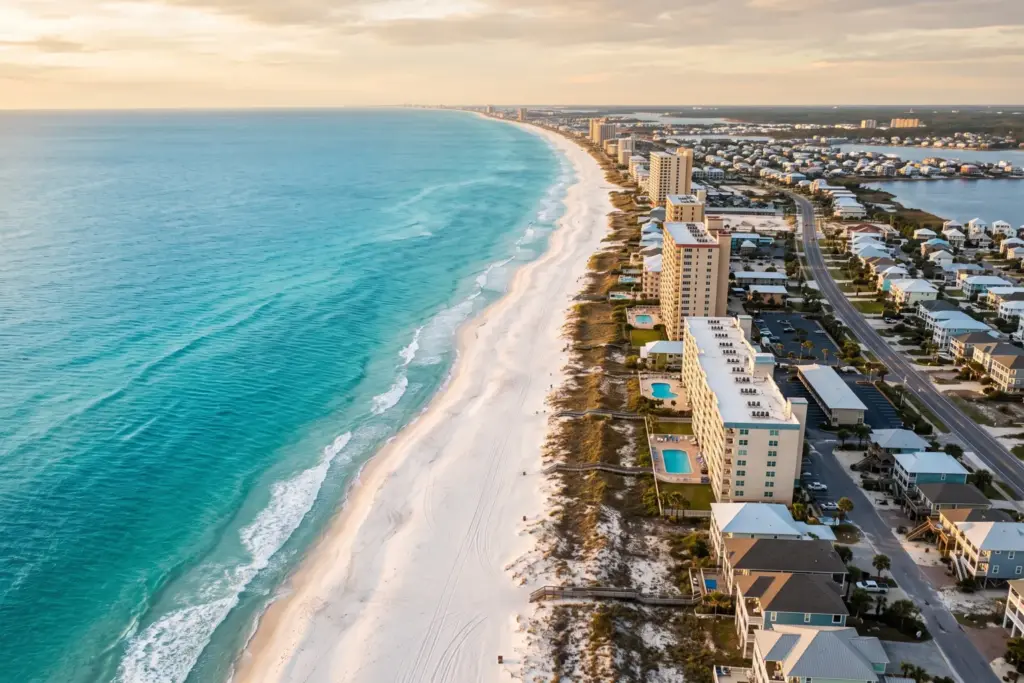 Aerial view of Gulf Shores Alabama beach with vacation rental condominiums along the shoreline
