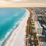 Aerial view of Gulf Shores Alabama beach with vacation rental condominiums along the shoreline