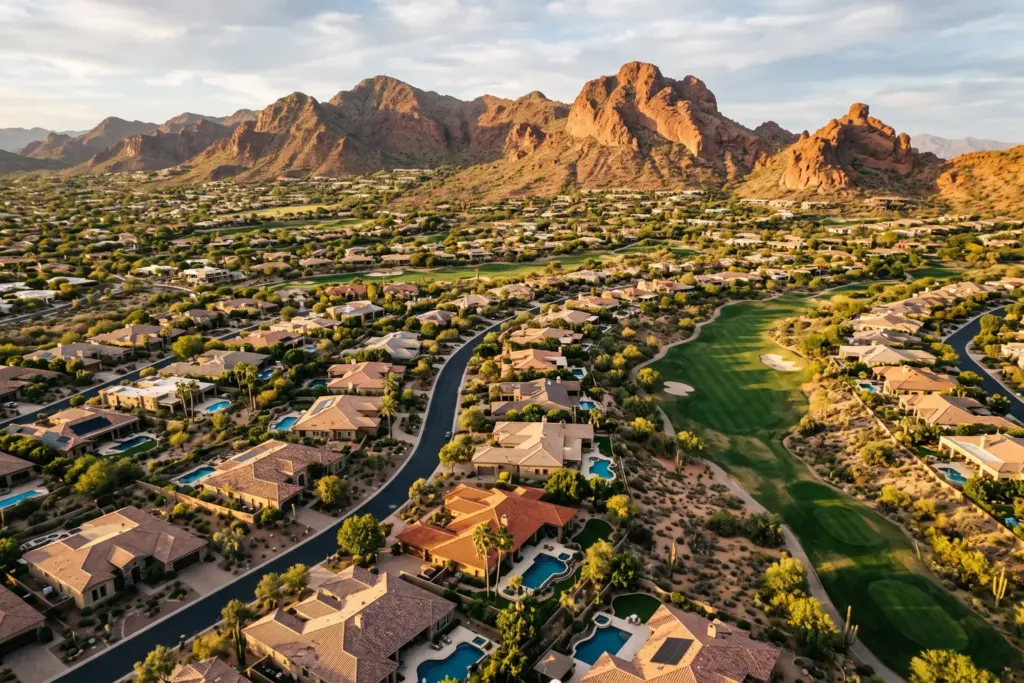 Aerial view of Scottsdale Arizona luxury residential neighborhoods with desert landscaping and pools