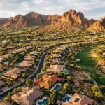 Aerial view of Scottsdale Arizona luxury residential neighborhoods with desert landscaping and pools