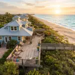 A warm coastal beach house vacation rental property with wooden deck overlooking the ocean, representing converting a vacation home to an Airbnb