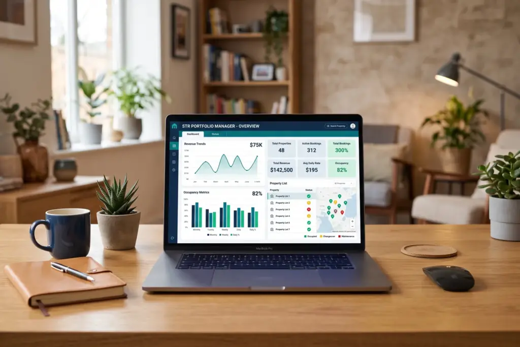 Guesty property management software dashboard on laptop for STR portfolio management