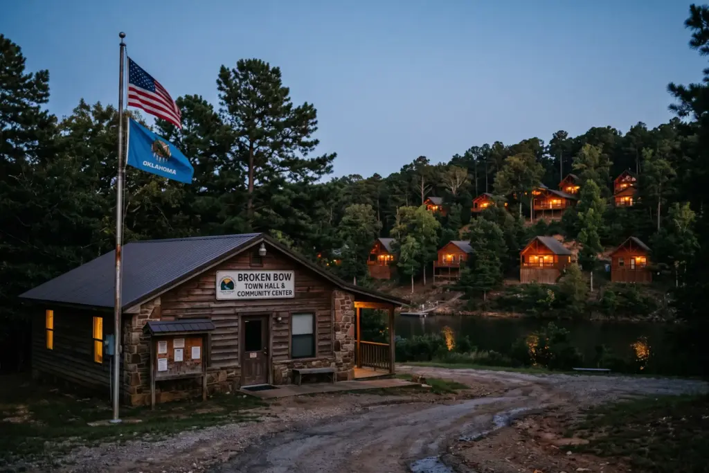 Hochatown Oklahoma resort community lake and cabins with local municipal building representing the Airbnb lodging tax misdirection lawsuit