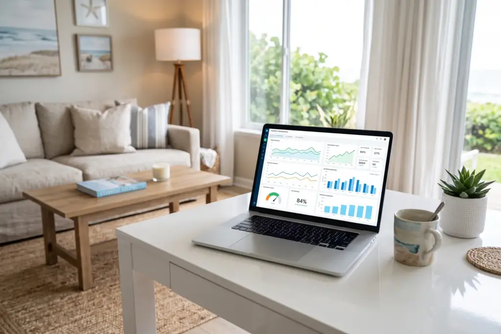 Laptop showing STR analytics dashboard with performance metrics charts in a vacation rental living room