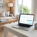 Laptop showing STR analytics dashboard with performance metrics charts in a vacation rental living room