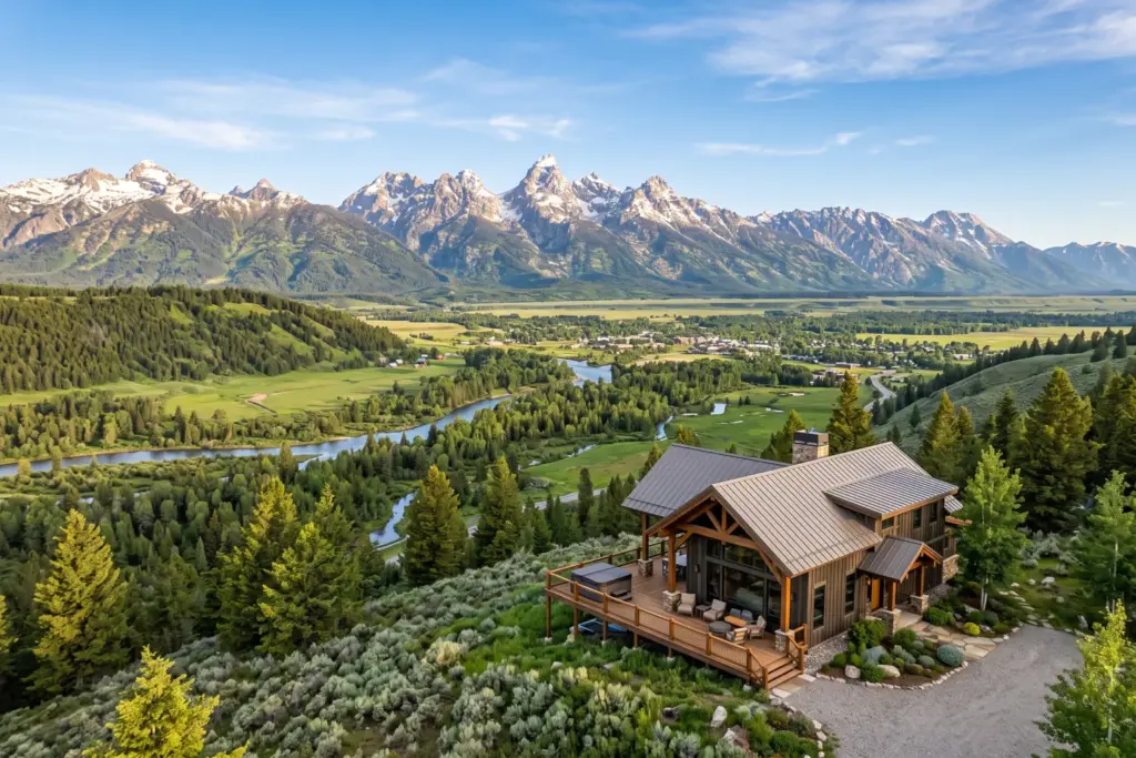 Jackson Hole Wyoming mountain cabin with Grand Teton peaks in background, summer 2026 STR market