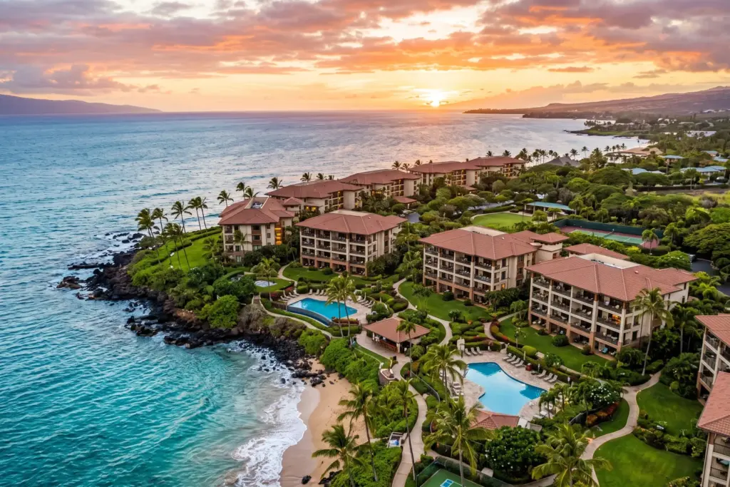 Aerial view of Maui Hawaii oceanfront condominium resort complex at sunset representing the STR investment landscape affected by Bill 88