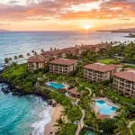 Aerial view of Maui Hawaii oceanfront condominium resort complex at sunset representing the STR investment landscape affected by Bill 88