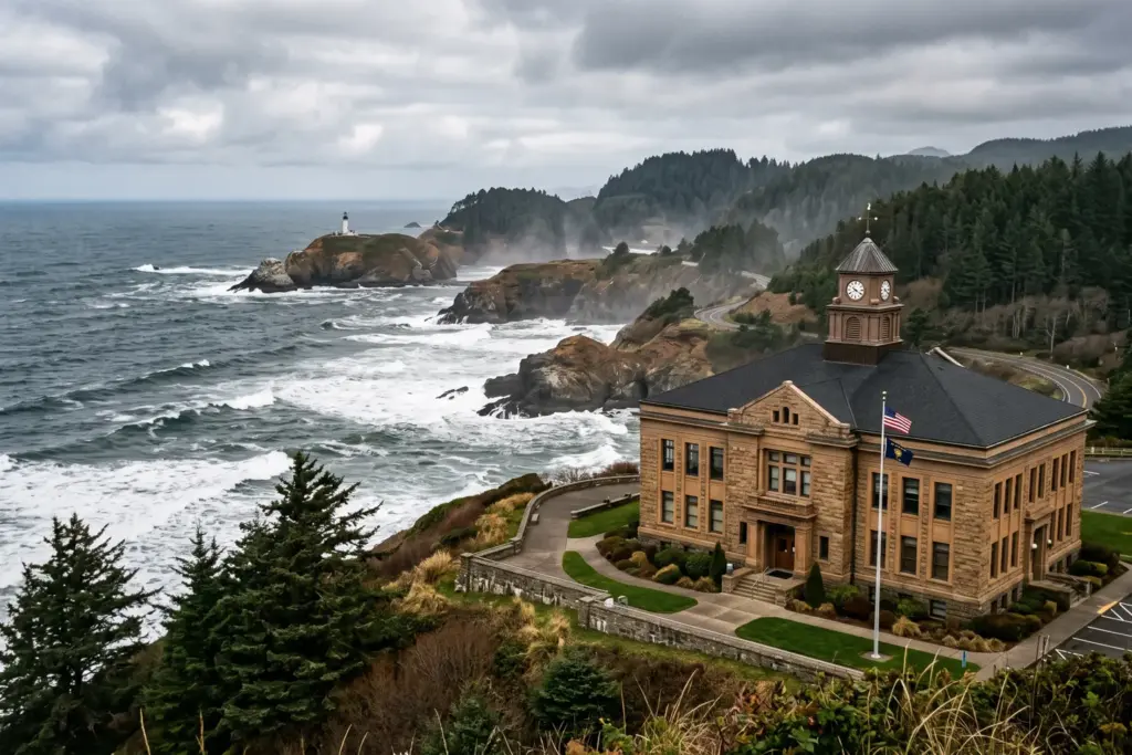 Oregon Court of Appeals courthouse with Pacific coastline, Lincoln County STR licensing ruling August 2026