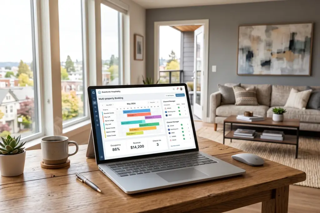 OwnerRez property management software dashboard on laptop in a short-term rental property