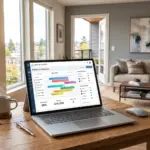 OwnerRez property management software dashboard on laptop in a short-term rental property