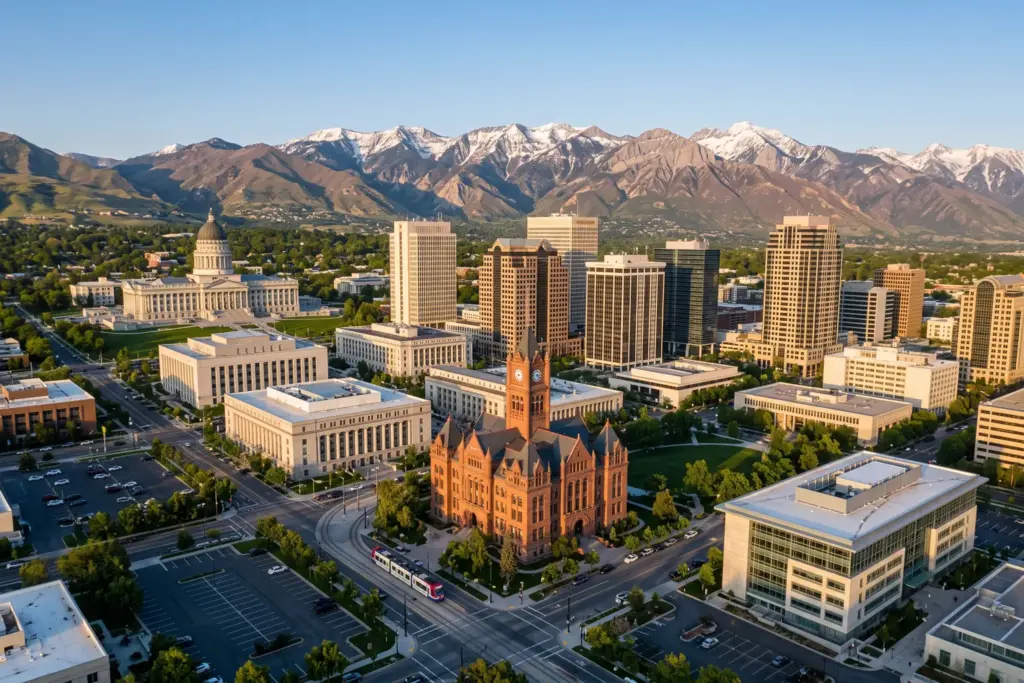 Salt Lake City downtown skyline with Wasatch Mountains representing the new 200-night STR cap ordinance