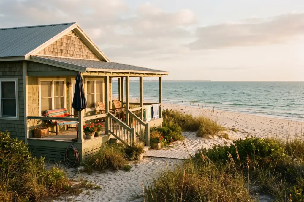 Beach vacation rental property in late summer light showing the seasonal transition from peak to off-season
