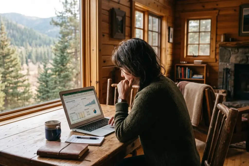 Investor at laptop in mountain cabin considering whether to sell their Airbnb in 2026