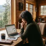 Investor at laptop in mountain cabin considering whether to sell their Airbnb in 2026