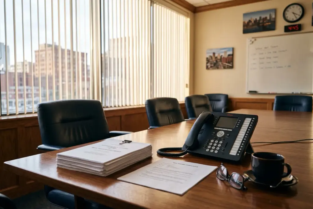 Empty title company closing conference room with a stack of real estate closing documents, a wire transfer instruction sheet, and a desk phone on the table