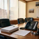 Empty title company closing conference room with a stack of real estate closing documents, a wire transfer instruction sheet, and a desk phone on the table