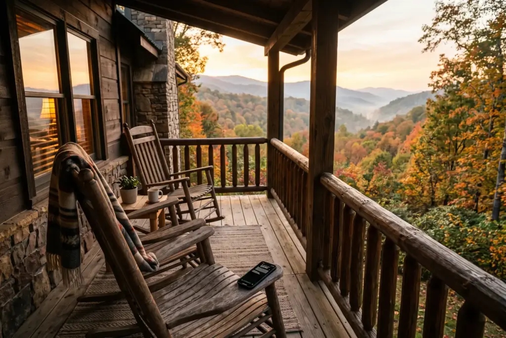 Smoky Mountains cabin porch with rocking chairs and misty forest view representing remote short-term rental management