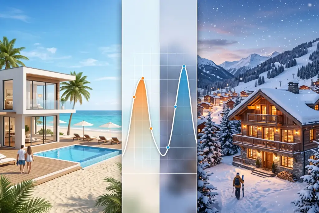 Monthly revenue curves comparing beach, ski, lake, and urban STR markets showing seasonal patterns for 2026 investors