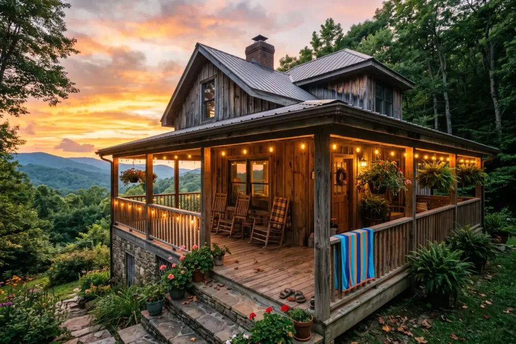 Vacation rental home at sunset after a busy summer season, with porch lights and golden hour glow