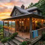 Vacation rental home at sunset after a busy summer season, with porch lights and golden hour glow