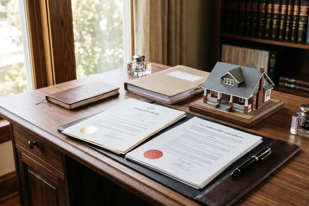 Legal documents and property deed on a desk representing LLC transfer process for STR investors