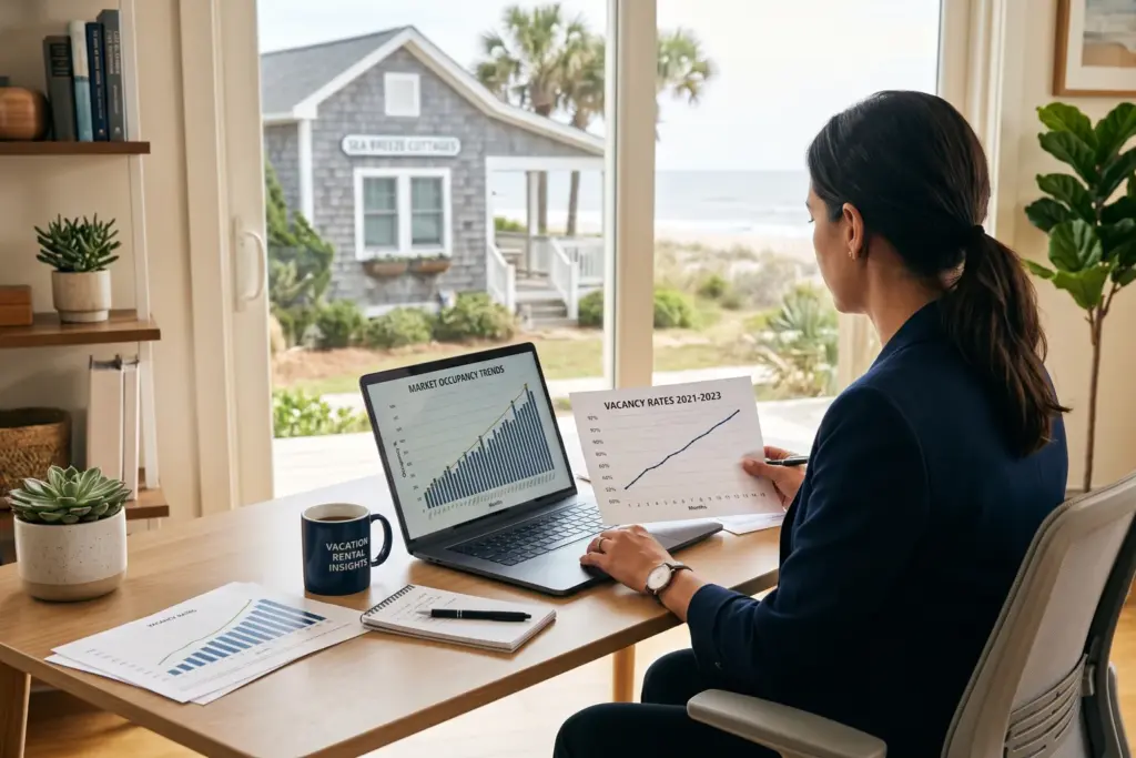 Investor reviewing STR market data and occupancy charts before buying an Airbnb property in 2026