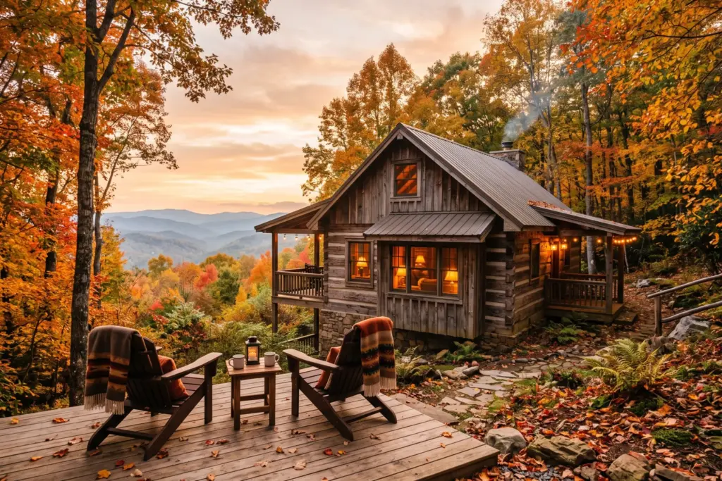 Cozy mountain cabin vacation rental at golden hour in the Smoky Mountains, warm lights glowing through windows