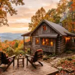 Cozy mountain cabin vacation rental at golden hour in the Smoky Mountains, warm lights glowing through windows