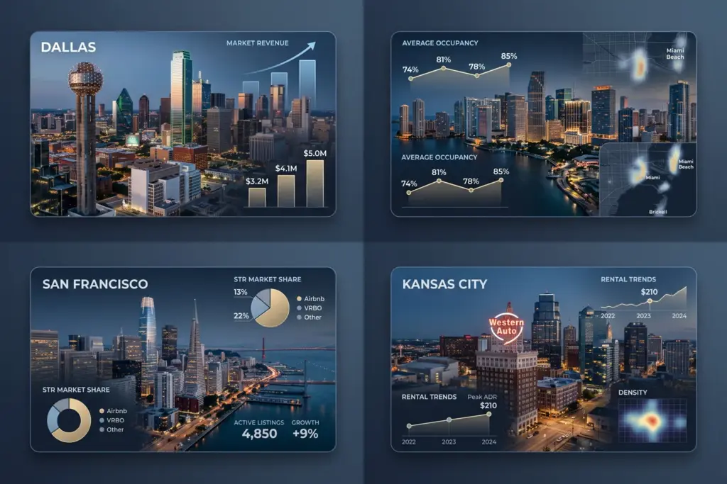 Data visualization showing World Cup 2026 STR revenue results across U.S. host cities including Dallas, Miami, San Francisco and Kansas City