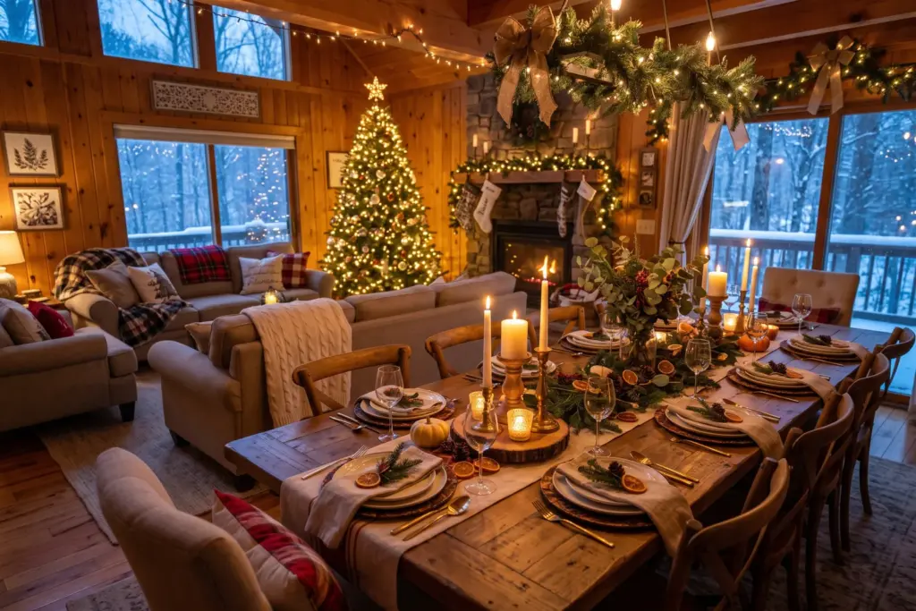 Cozy vacation rental dining room decorated for the holidays, set for a large family gathering
