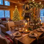 Cozy vacation rental dining room decorated for the holidays, set for a large family gathering