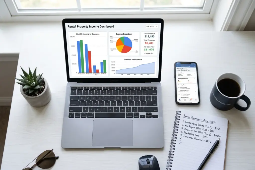 Laptop showing rental property financial dashboard with accounting software for Airbnb hosts