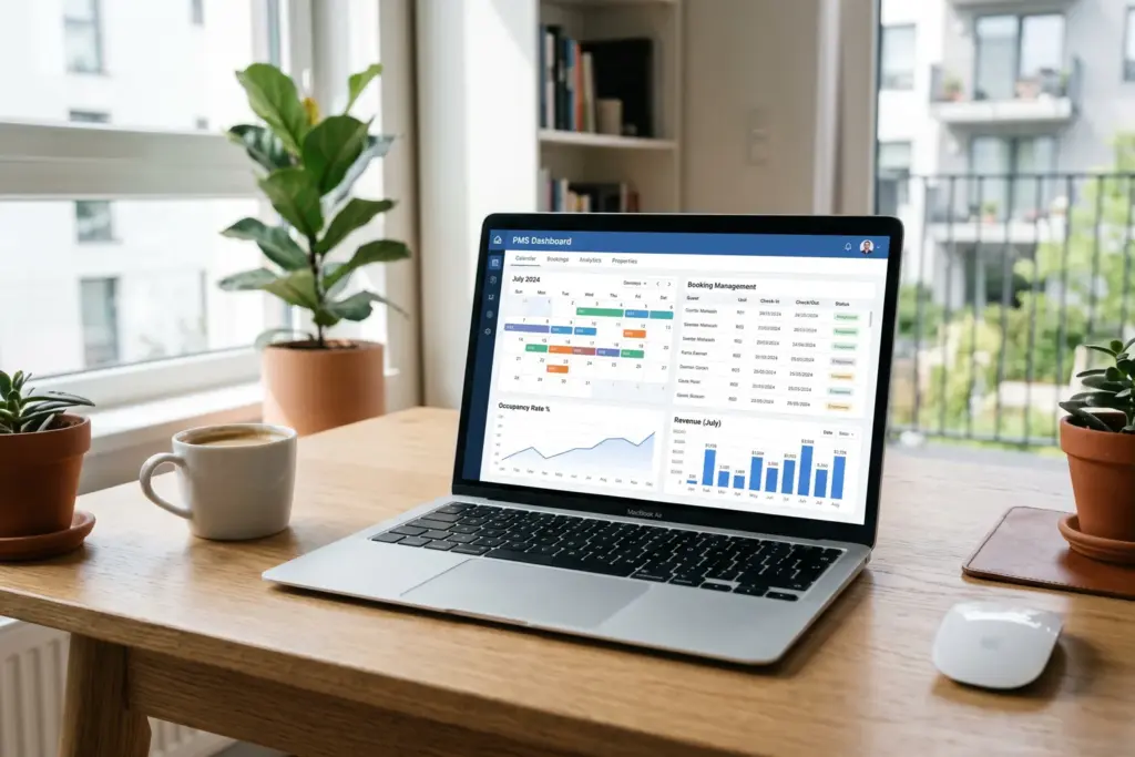 Property management software dashboard for STR hosts showing calendar and booking analytics