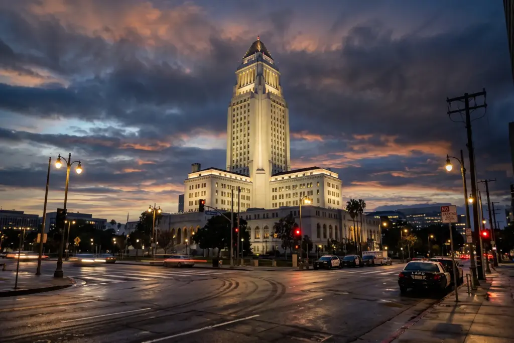 Los Angeles City Hall representing California SB 346 short-term rental enforcement 2026