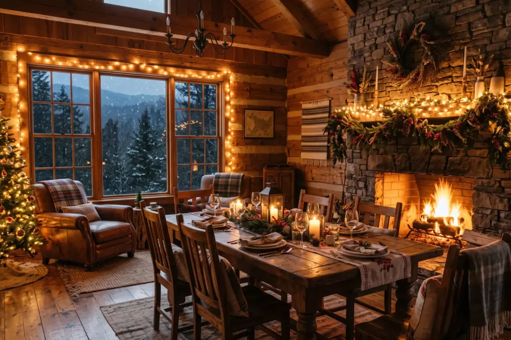Cozy mountain cabin interior with fireplace and holiday decorations for first-year STR investors