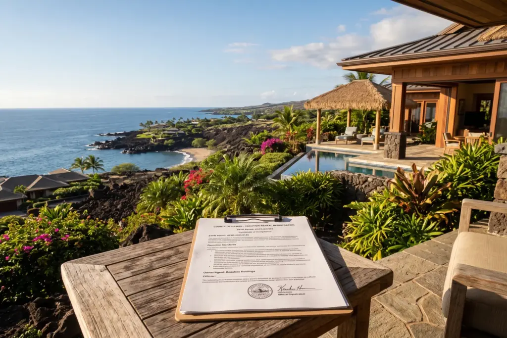 Big Island Hawaii vacation rental property with Kona coastline, illustrating Hawaii County STR registration requirements under Ordinance 25-50