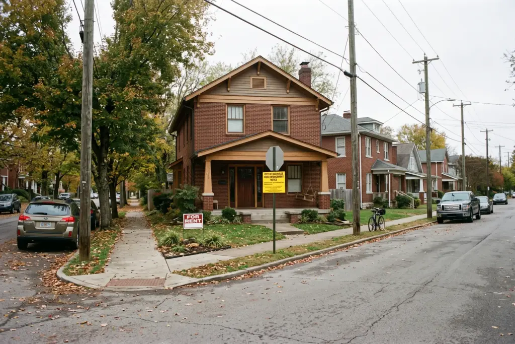 East Nashville residential street showing a craftsman house with city enforcement notice, illustrating Nashville STR enforcement gaps in 2026