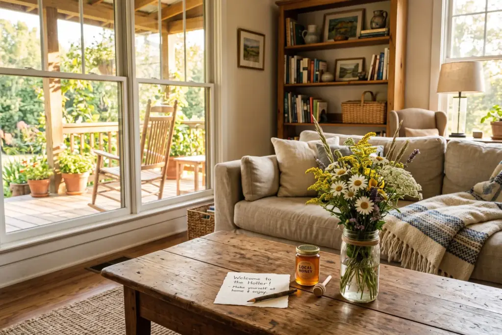 Warm vacation rental living room with handwritten welcome note, local honey, and wildflowers -- the personal touches that bring guests back