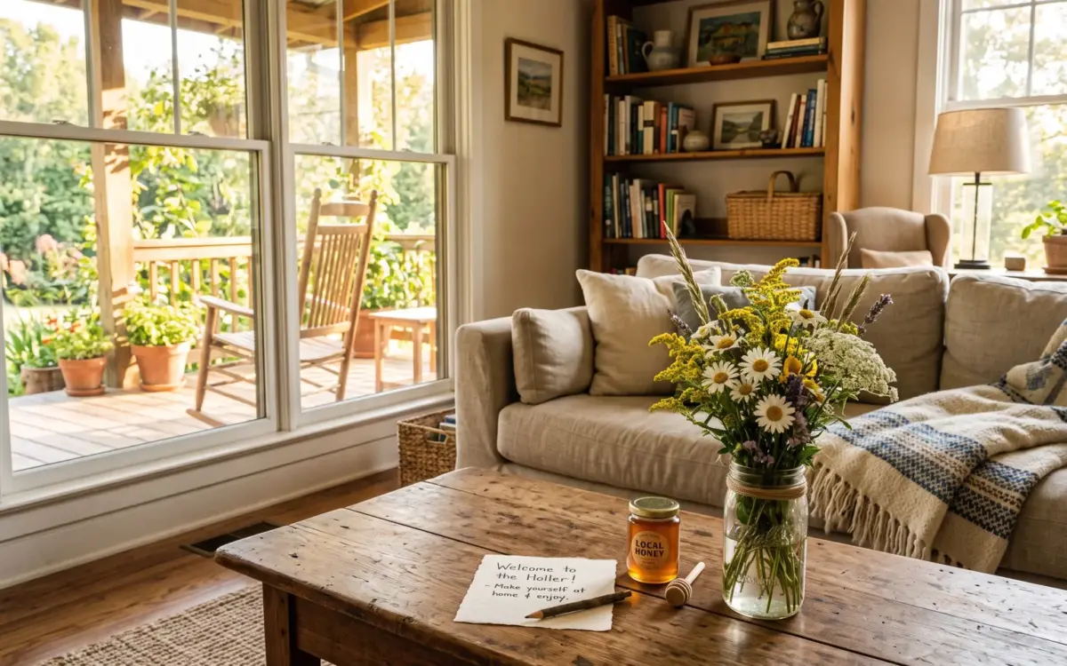 Warm vacation rental living room with handwritten welcome note, local honey, and wildflowers -- the personal touches that bring guests back