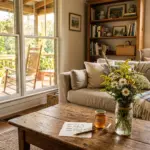 Warm vacation rental living room with handwritten welcome note, local honey, and wildflowers -- the personal touches that bring guests back