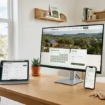 Desktop monitor showing a vacation rental direct booking website with availability calendar, next to a tablet showing a channel sync dashboard and a phone showing a booking confirmation