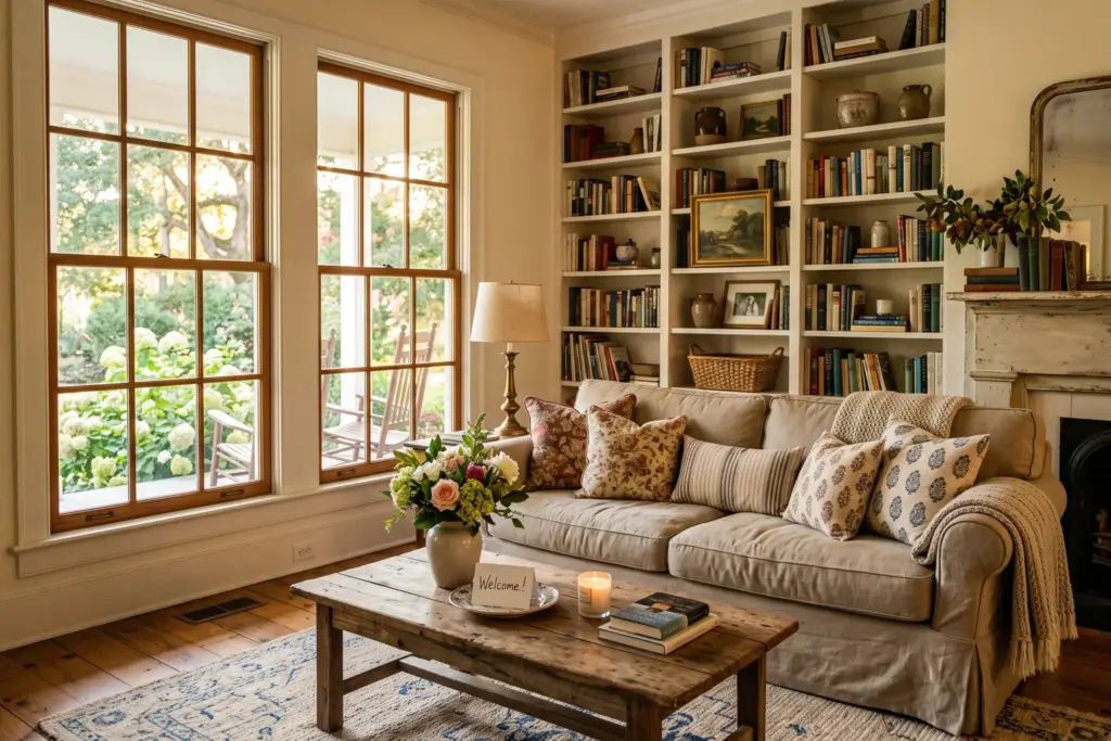 Warm inviting short-term rental living room with Southern charm, comfortable sofa and fresh flowers