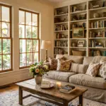 Warm inviting short-term rental living room with Southern charm, comfortable sofa and fresh flowers